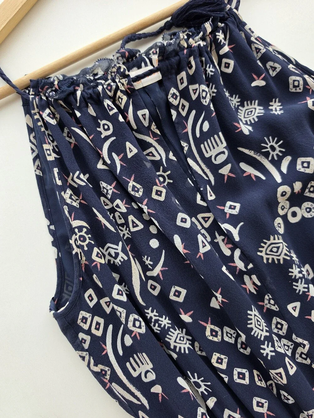 Tory Burch Silk Navy Blue Geometric Tribal Print Wide Leg Jumpsuit